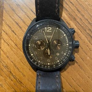 Men’s leather Fossil watch. Brown leather band and face. Needs new battery.